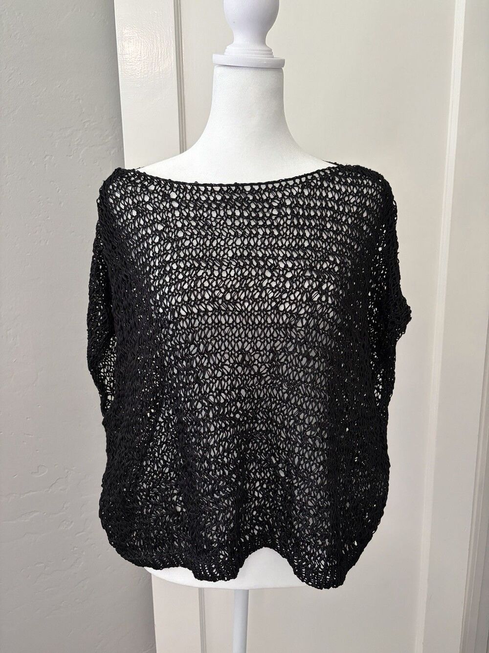 Sarah Pacini Italy Black Open Knit Mesh Top Poncho Lagenlook Oversized OSFM